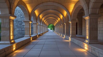 Obraz premium Classical stone archway corridor with warm golden lighting at evening, 3D rendering