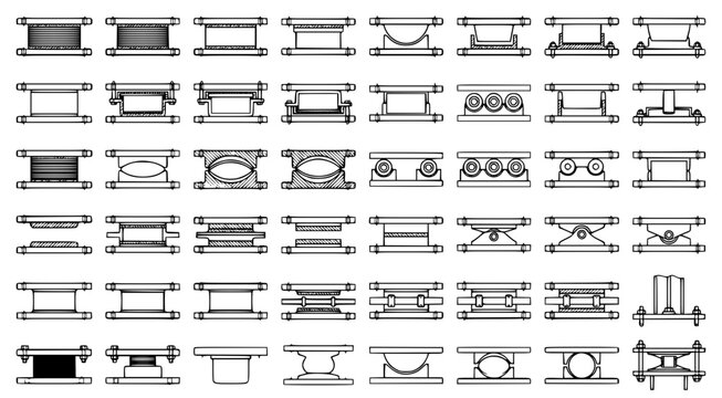 Technical collection of mechanical vibration dampers and industrial isolation mounts with cross sectional views for engineering and architectural structural analysis vector line art illustration