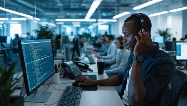 Focused help desk technician wearing headset troubleshoots code and support tickets at workstation in cool lit open office, modern IT operations, customer service and cybersecurity monitoring