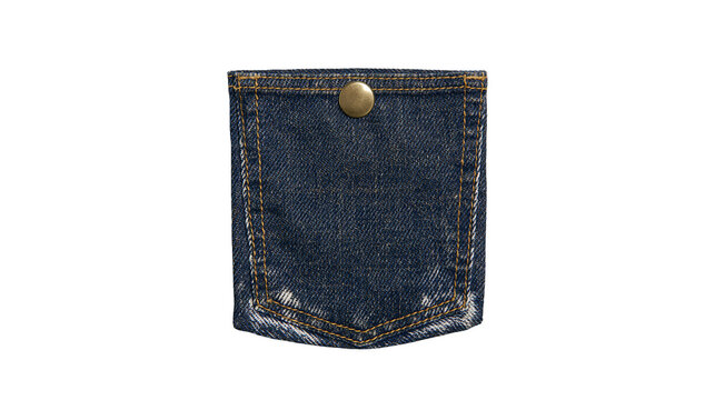 Dark blue denim jeans pocket with brass button, isolated on transparent background