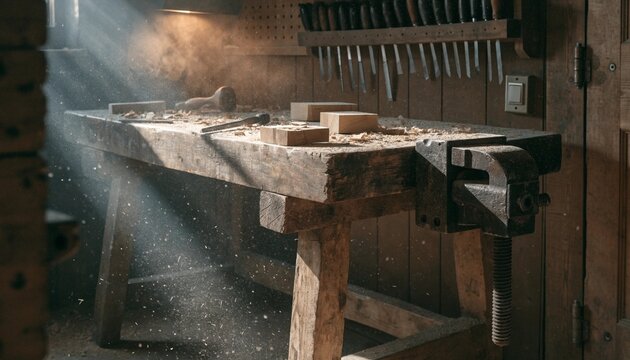 Atmospheric rustic woodworking workshop with heavy timber bench, iron vise, chisels on the wall, sawdust floating through sunbeams, handcrafted carpentry tools and maker heritage craft