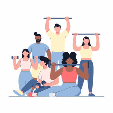 Group of diverse people with fitness weights vector illustration. Gym workout and bodybuilding community concept. Flat design characters