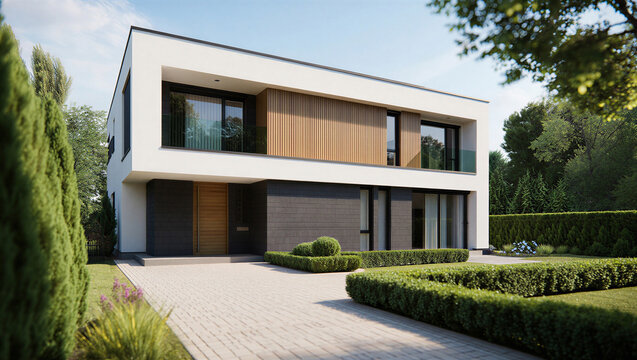 Modern geometric house with wood accents and landscaped garden real estate residential building