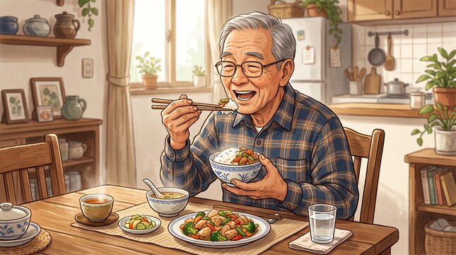 Happy Elderly Man Enjoying a Healthy Homemade Meal with Chopsticks in a Warm and Cozy Kitchen, Senior Citizen Nutrition, Healthy Aging Lifestyle, Traditional Asian Cuisine, Family Dining, Wholesome Ho