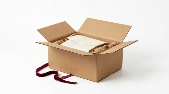 Open cardboard shipping box with gift inside