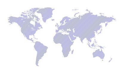 Naklejka premium Striped World Map - Diagonal Hatched Pattern Globe Illustration in Gray on White Background