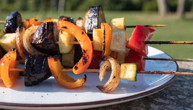 Colorful grilled vegetable skewers with charred peppers, zucchini, onion and eggplant on a white plate, sunlit outdoor barbecue appetizer with smoky summer picnic flavor and rustic gourmet detail