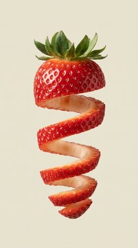 Whole strawberry unwinding like a coiled spring in one continuous strip
