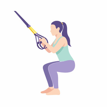 Woman performing suspension strap squat exercise. TRX leg workout and fitness training. Flat vector illustration