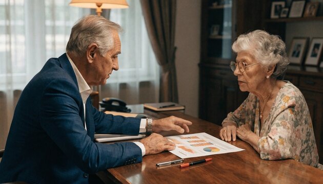 Senior financial advisor explaining a printed savings chart to an elderly woman at a wooden desk in warm home office light, retirement planning, trust, pension strategy and personal wealth guidance