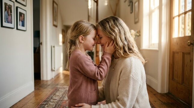 A mother wearing a cream knit sweater shares a gentle, intimate moment with her young child, both with eyes closed as their foreheads touch in a warmly lit home hallway