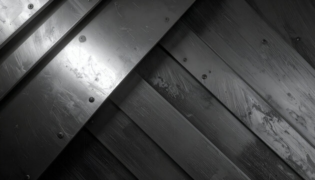 Geometric grayscale composition featuring angled metal and wood textures, bolted together
