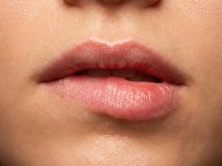 Obraz premium Soft pink lips with natural sheen, showcasing close up view of beauty and texture