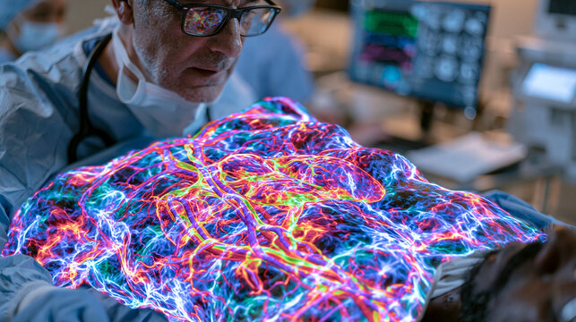 Anesthesiologist using augmented reality surgical guidance overlay projected onto a patient torso in a sterile operating suite, real-time organ depth mapping assisting catheter insertion while circu