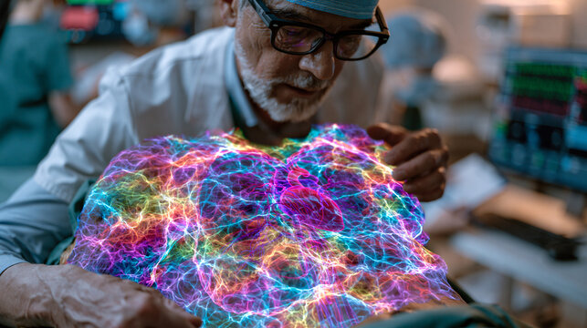 Anesthesiologist using augmented reality surgical guidance overlay projected onto a patient torso in a sterile operating suite, real-time organ depth mapping assisting catheter insertion while circu