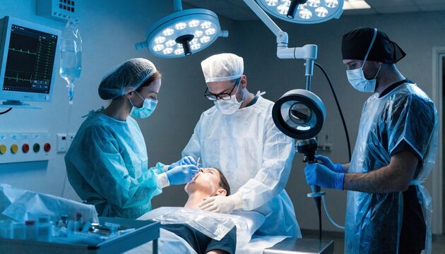 Skilled medical team preparing patient for endoscopy in sterile operating room, blue surgical lights, masked clinicians, monitor equipment and careful hospital procedure guided workflow