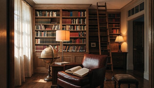Elegant home library with built in wooden bookcases, rolling ladder, leather armchair, globe and open book in golden window light, classic reading room for study and quiet retreat at home