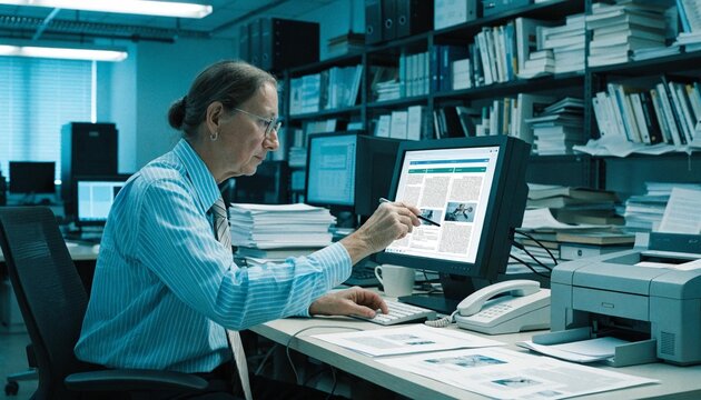 Experienced typesetter editing magazine pages on desktop monitor in cool blue publishing office, precise prepress layout, digital production workflow, printed proofs and stacks of manuscripts
