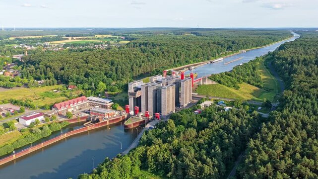 Canal ship lift with waterway transport. Engineering infrastructure, industrial construction and vessel transit. Lift technology. Construction engineering. Canal transport