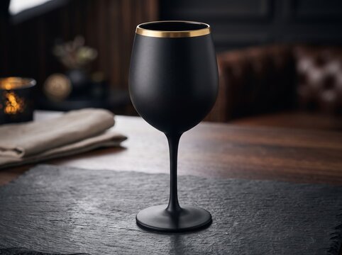  matte black wine glass with gold rim on stone serving board