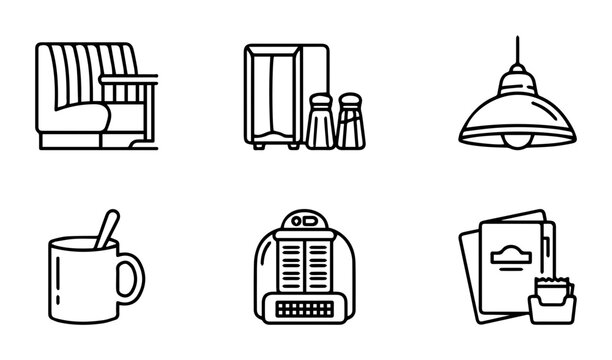 Retro Diner Icons: Booth, Jukebox, Lamp, Mug, Salt Shakers, Menu Vector Set