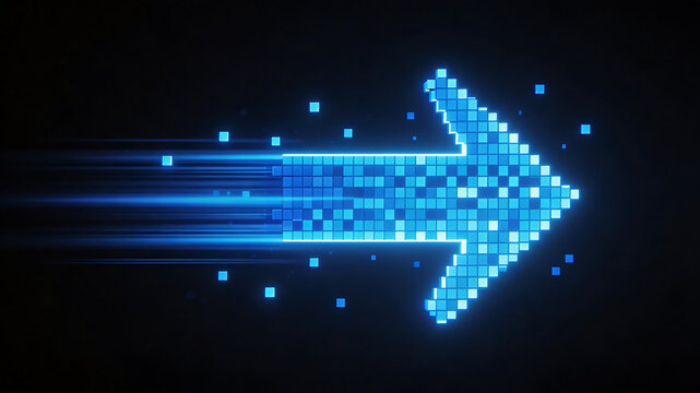 Blue glowing pixel arrow on dark background
