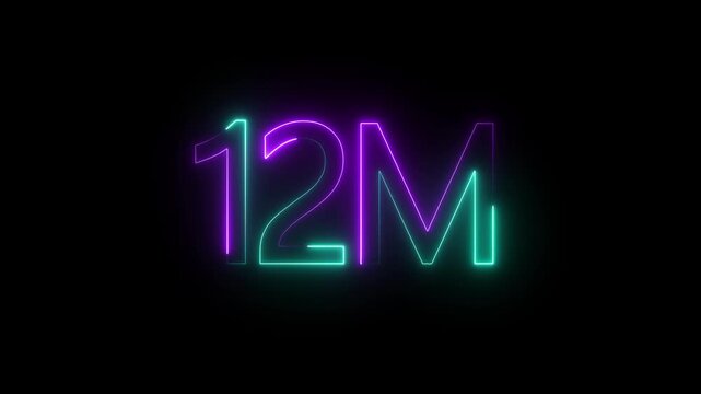 Glowing neon light 12M followers or subscribers celebration text animation on black background, Number 12M Neon Futuristic Effect, Trendy Glow Lighting, 12M animation neon text effect motion. 4k
