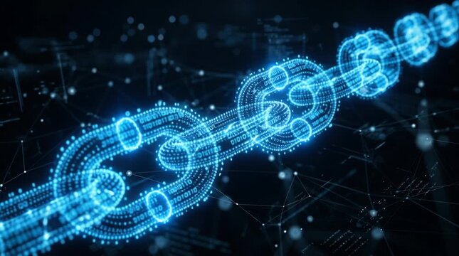 Digital glowing blockchain chain rendered with binary code and network connections for secure financial technology data security