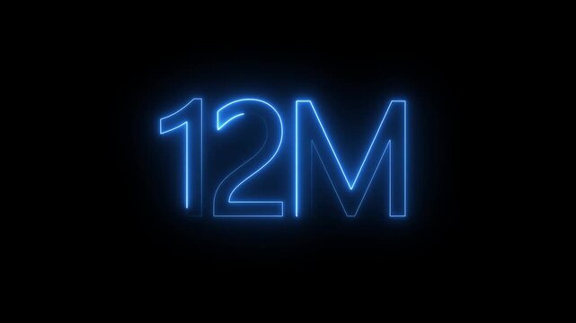 Glowing neon light 12M followers or subscribers celebration text animation on black background, Number 12M Neon Futuristic Effect, Trendy Glow Lighting, 12M animation neon text effect motion. 4k