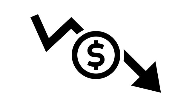 Black downward trend graph with dollar coin symbol, isolated on transparent background