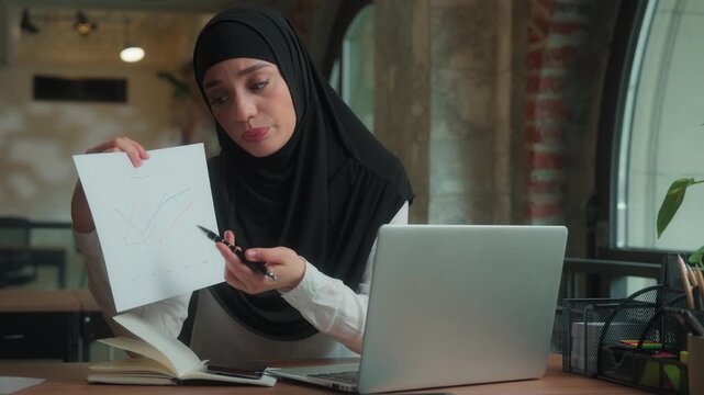 Serious muslim business woman in hijab displeased presenting corporate bad result on virtual meeting video call islamic girl female businesswoman trader talking report showing graph on paper sales