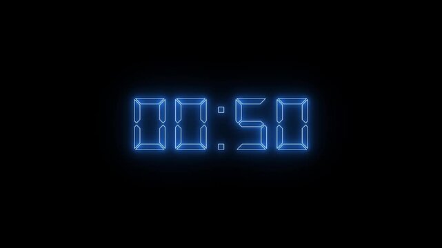Neon one Minute Digital Timer. 1 Minute Digital Negative Countdown.Glowing neon 1 minute countdown animation from 60 to 0 seconds.60 second countdown timer, Countdown video with alpha channel.4k