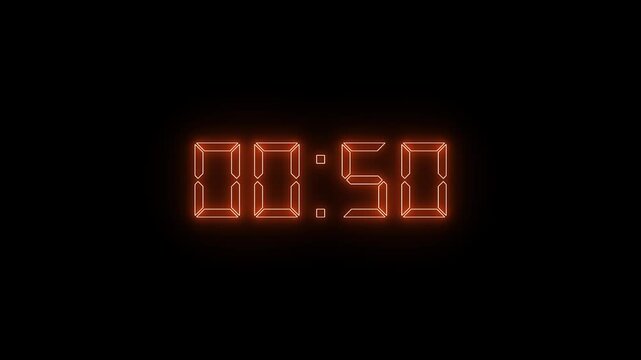Neon one Minute Digital Timer. 1 Minute Digital Negative Countdown.Glowing neon 1 minute countdown animation from 60 to 0 seconds.60 second countdown timer, Countdown video with alpha channel.4k