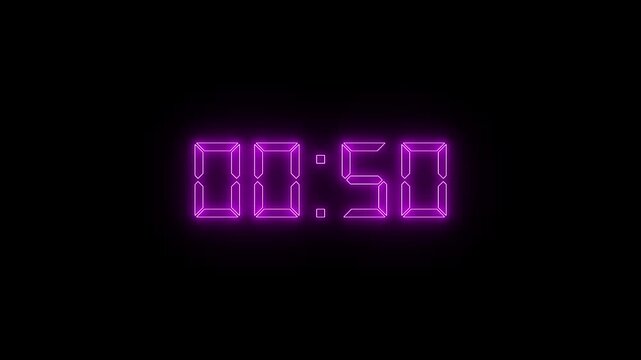 Neon one Minute Digital Timer. 1 Minute Digital Negative Countdown.Glowing neon 1 minute countdown animation from 60 to 0 seconds.60 second countdown timer, Countdown video with alpha channel.4k