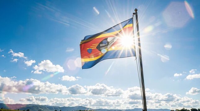 Eswatini flag waving against a bright sunny sky with lens flare, symbolizing national pride, sovereignty, diplomacy, and independence