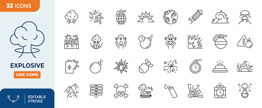 Explosive line editable icon set. Editable stroke. vector illustration