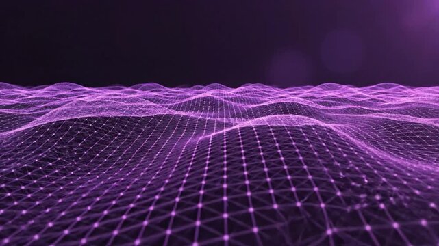 Purple digital wireframe mesh undulating in a smooth wave pattern for technological concepts
