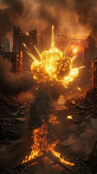 Explosion in a war-torn urban ruin with massive fire ball and thick dark smoke against a sunset sky, disaster aftermath and devastation