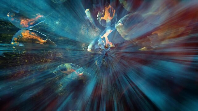 School of oscar fish cichlids swimming in a dark aquarium tank. Artist effect.