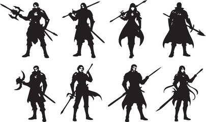 Fototapeta premium Eight black silhouettes of warriors with on white background swords