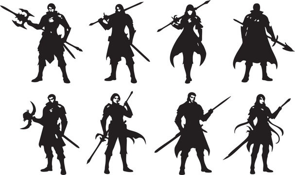Eight black silhouettes of warriors with on white background swords