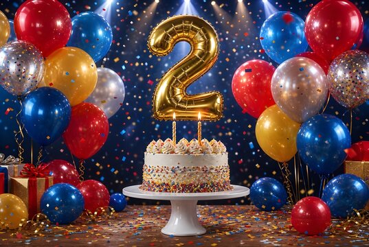 Gold number two balloon above birthday cake with candles