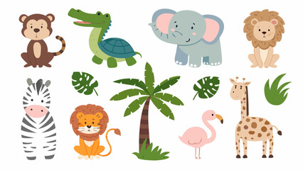 Safari animal collection featuring a monkey elephant zebra and giraffe presented as a colorful vector illustration african © Bikas