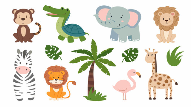 Safari animal collection featuring a monkey elephant zebra and giraffe presented as a colorful vector illustration african