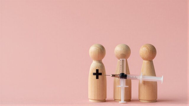 Wooden figures with syringe, one marked with a cross, symbolizing healthcare and vaccination.