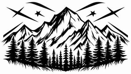 Mountain forest silhouette with stylized sunbursts and coniferous trees on a white background alpine backdrop black and white bold © Bikas