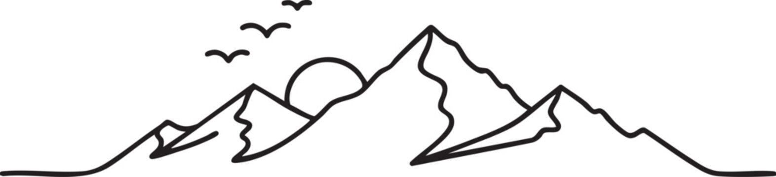 Minimalist line of mountains with sun and birds line mountains simple