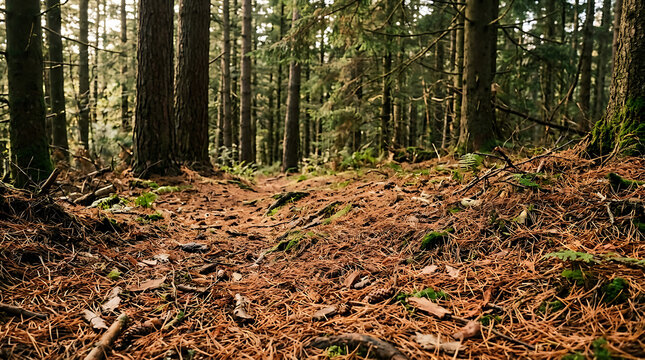 Lush woodland floor scene-30971bda-be5b-4ebc-b988-50beca1a429c_202607041929.png with scattered pine needles and tall coniferous trees in wild nature