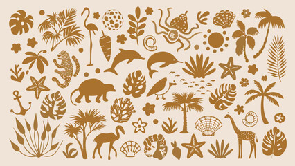 Tropical Safari Animal And Botanical Silhouettes A Monochromatic Brown Vector Illustration Collection flora wildlife flamingo silhouette giraffe © Bikas