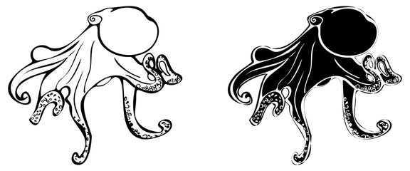 Two stylized hand drawn octopus clip art set. Clean black line art, and a bold black silhouette with negative space highlight cutouts. Tentacles, suction cups. Kraken design. © ArtValeriia